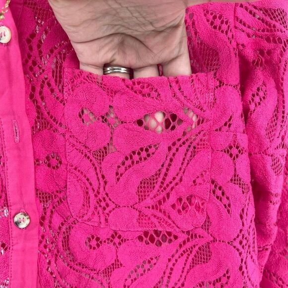 Maeve By Anthropologie Women’s Pink Open Lace Slim Button Down Blouse Top Size 4 - Picture 8 of 15